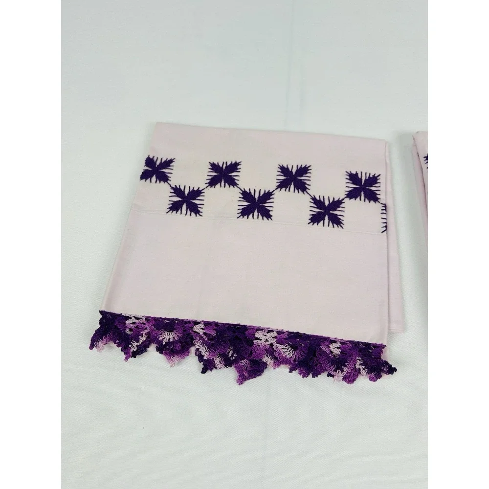 Vintage Cross Stitched Pillowcases Pink w/Purple Stitching 33 x 20